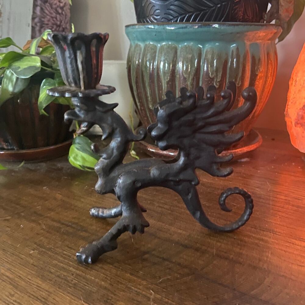 Antique Patina Cast Iron Gothic winged Dragon Griffin Taper Candle Holder